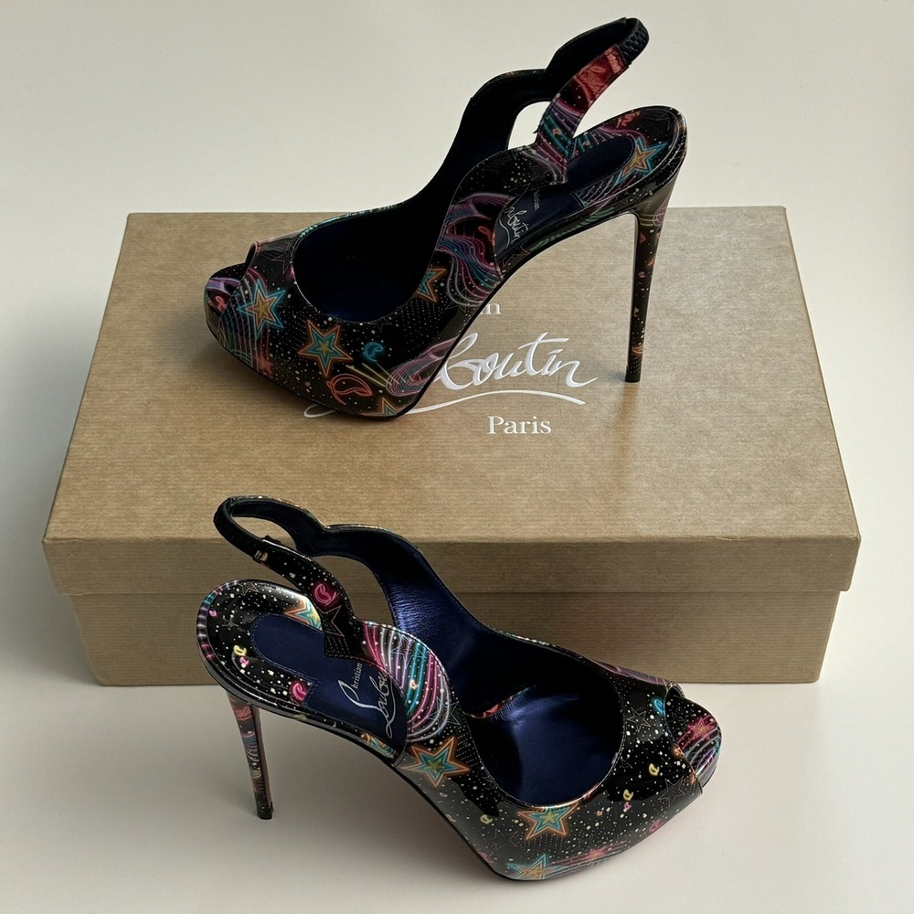 NEW Christian Louboutin HOT CHICK SLING ALTA Scallop Starlight Heel 37.5 7.5